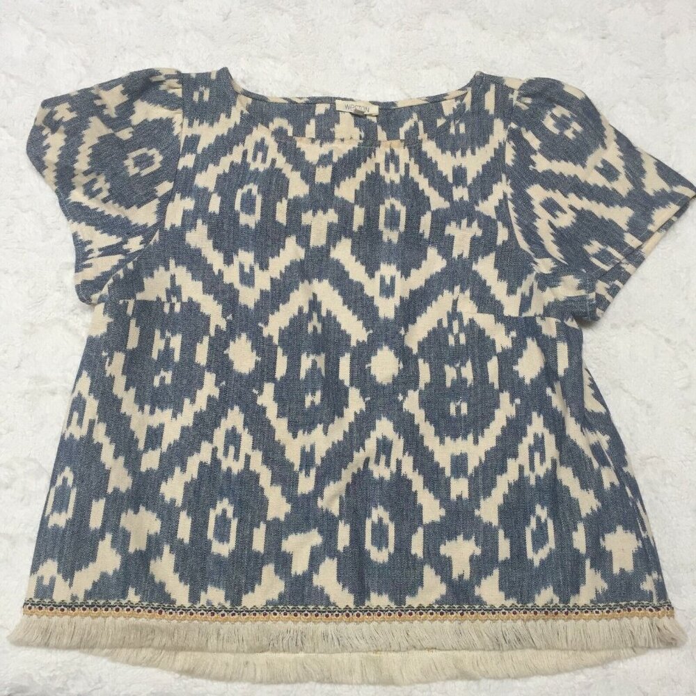 Weston Womens Small Short Sleeve Blue/Ivory Aztec Denim Fringe Hem Top Blouse